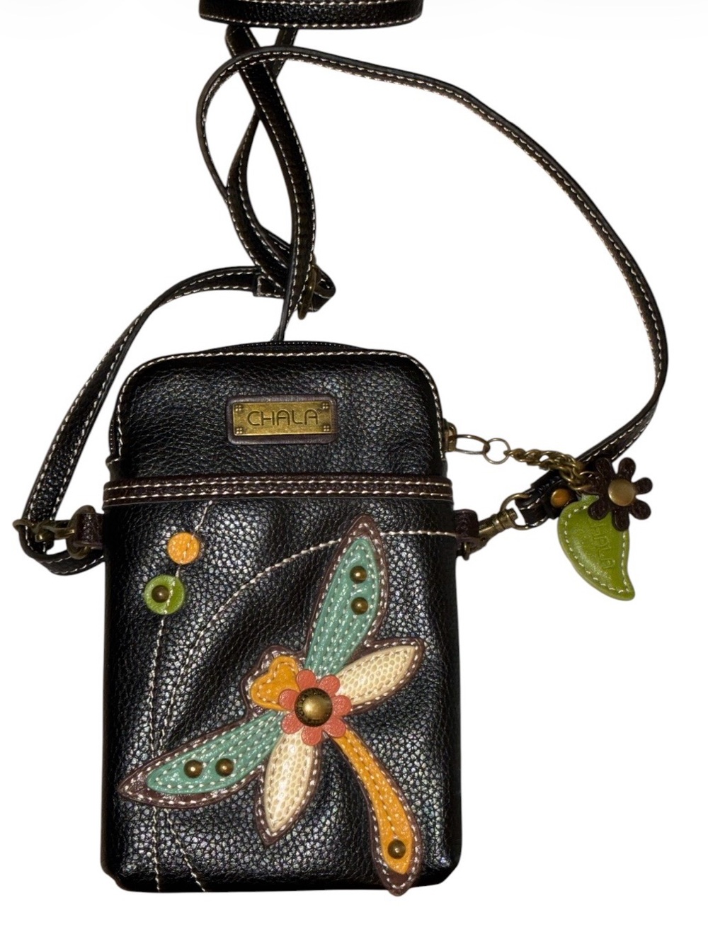 Chala Faux Leather Crossbody Purse - Dragonfly, Black